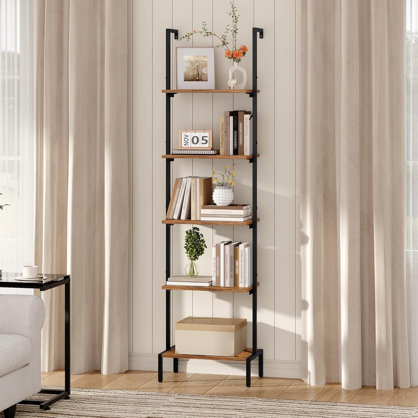 Ladder Shelf, 5-Tier Bookshelf, Ladder Bookcase with Wall Mount, Heavy Duty Industrial Style Storage Rack for Living Room, Office, Kitchen, Bedroom, Rustic Brown and Black LSHR5501