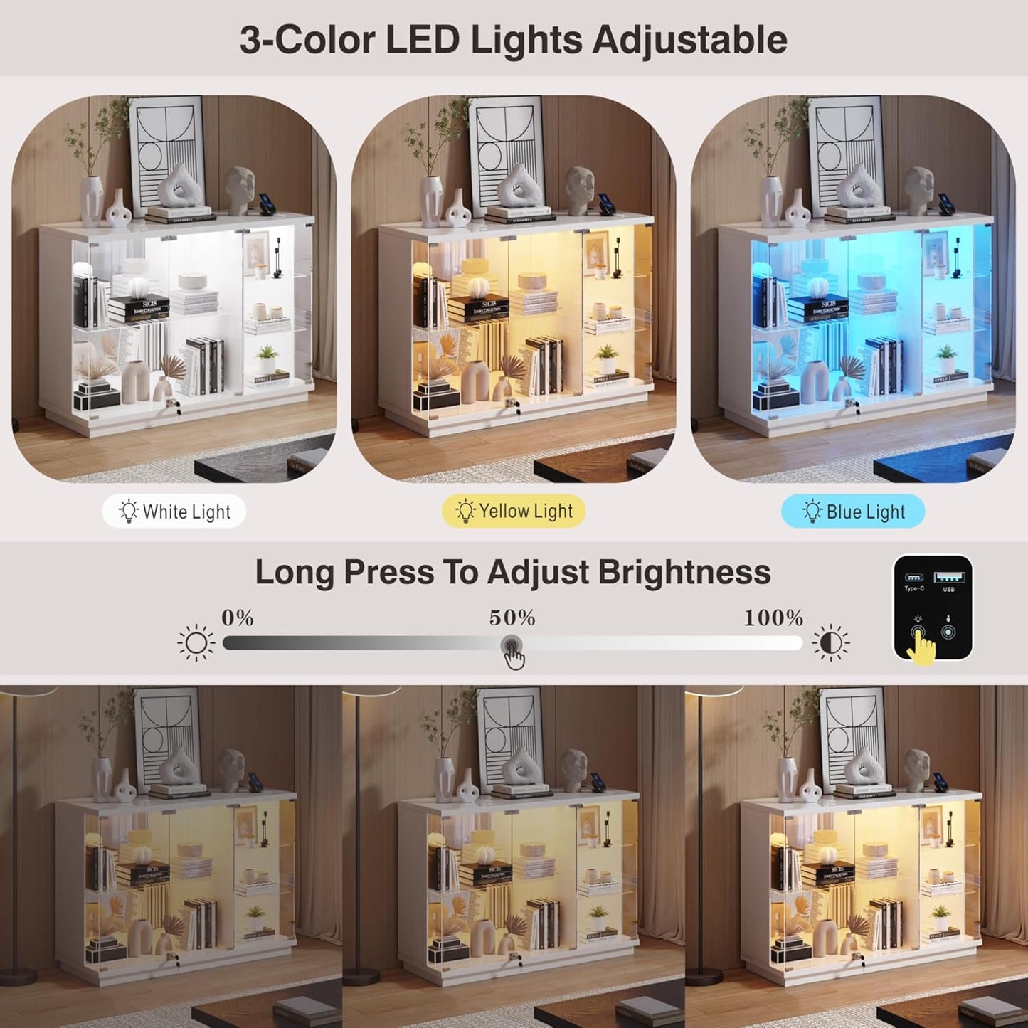 Glass Display Cabinet with Lock & LED Light, High Gloss Sideboard with Human Body Sensor & Glass Shelves for Toys, Books, Collectibles, Liquor, Bookcase for Living Room, Kitchen, Study, White