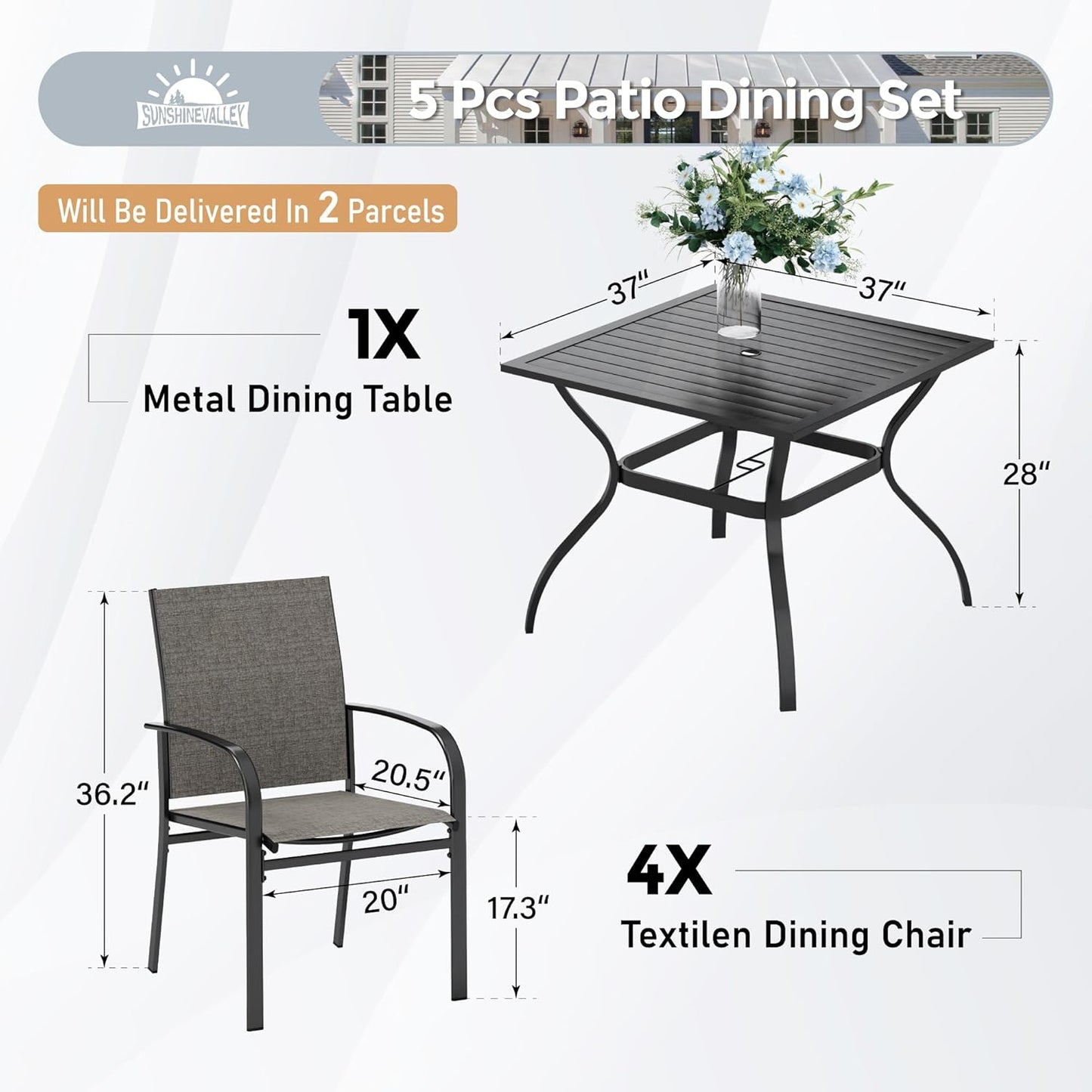 5 Piece Patio Dining Set for 4, 37”X37” Square Table with Umbrella Hole, 4 Metal Brown Chairs, Outdoor Table and Chairs Set for Lawn Backyard and Deck