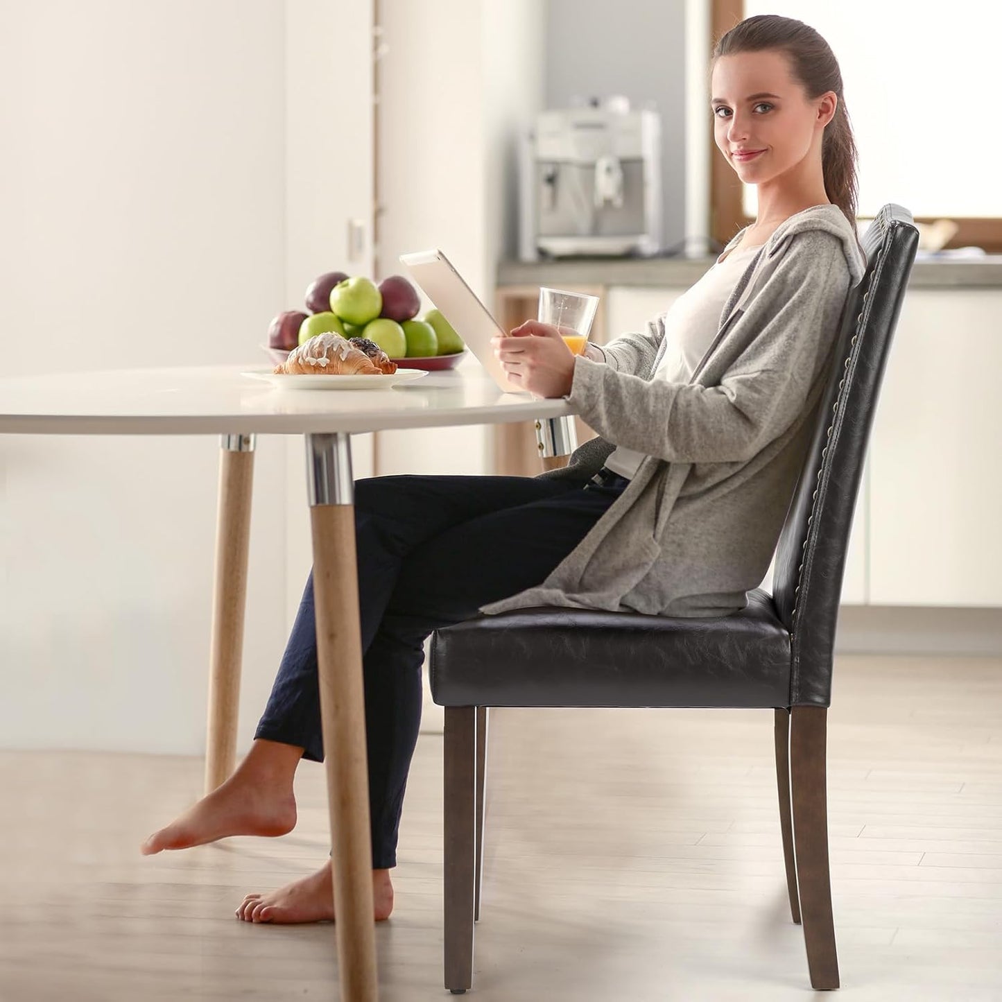 Dining Chairs Set of 6, Moden PU Leather Kitchen Table Chairs with Wooden Legs and Padded Seat for Dining Room/Kitchen/Living Room/Restaurant, Brown