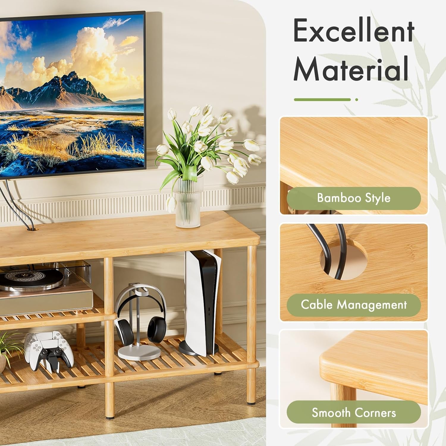 Bamboo TV Stand for 60 65 Inch TV, Entertainment Center with 3 Tier Open Storage Shelf, Wood TV Table for Living Room, Bedroom