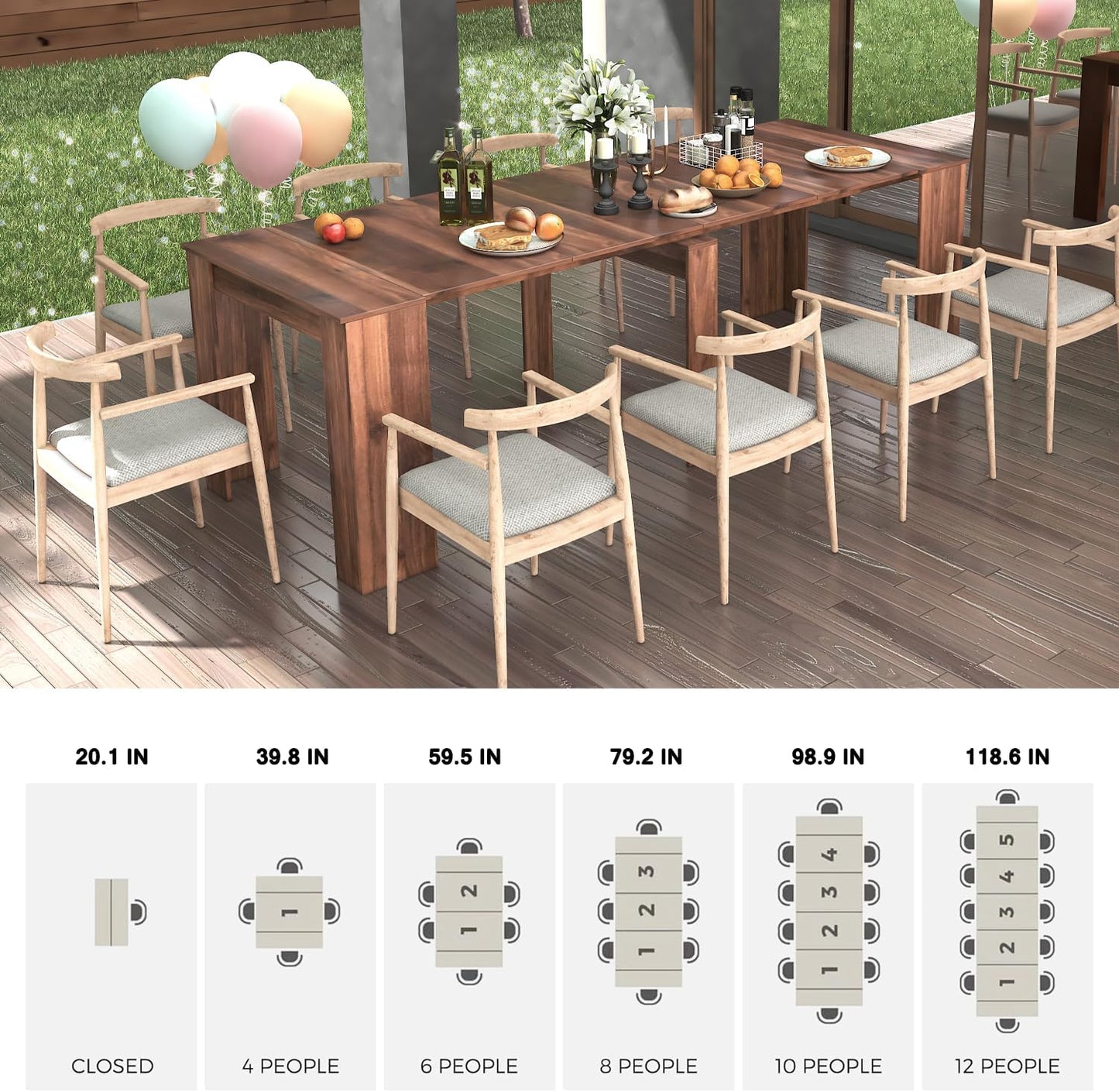 Extendable Dining Table, Transformer Folding Console Table for 10-12 People, Space Saving Dining Room Table for Apartments & Homes, Walnut