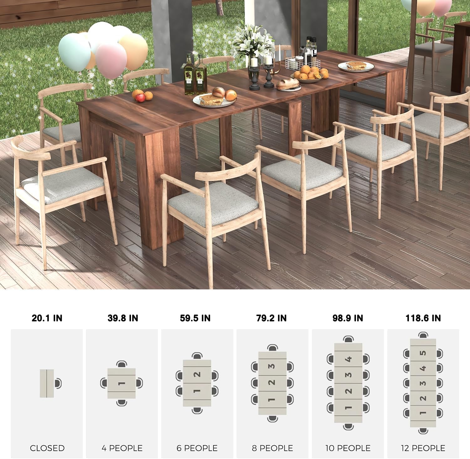 Extendable Dining Table, Transformer Folding Console Table for 10-12 People, Space Saving Dining Room Table for Apartments & Homes, Walnut