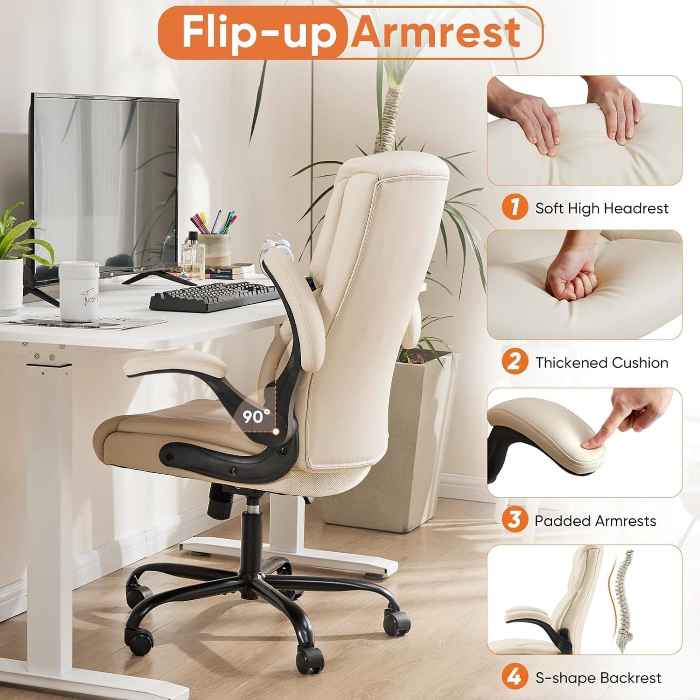 Ergonomic Office Chair Heavy Duty Task Desk Chair with Flip-Up Arms, PU Leather, Adjustable Swivel Rolling Chair with Wheels, Beige