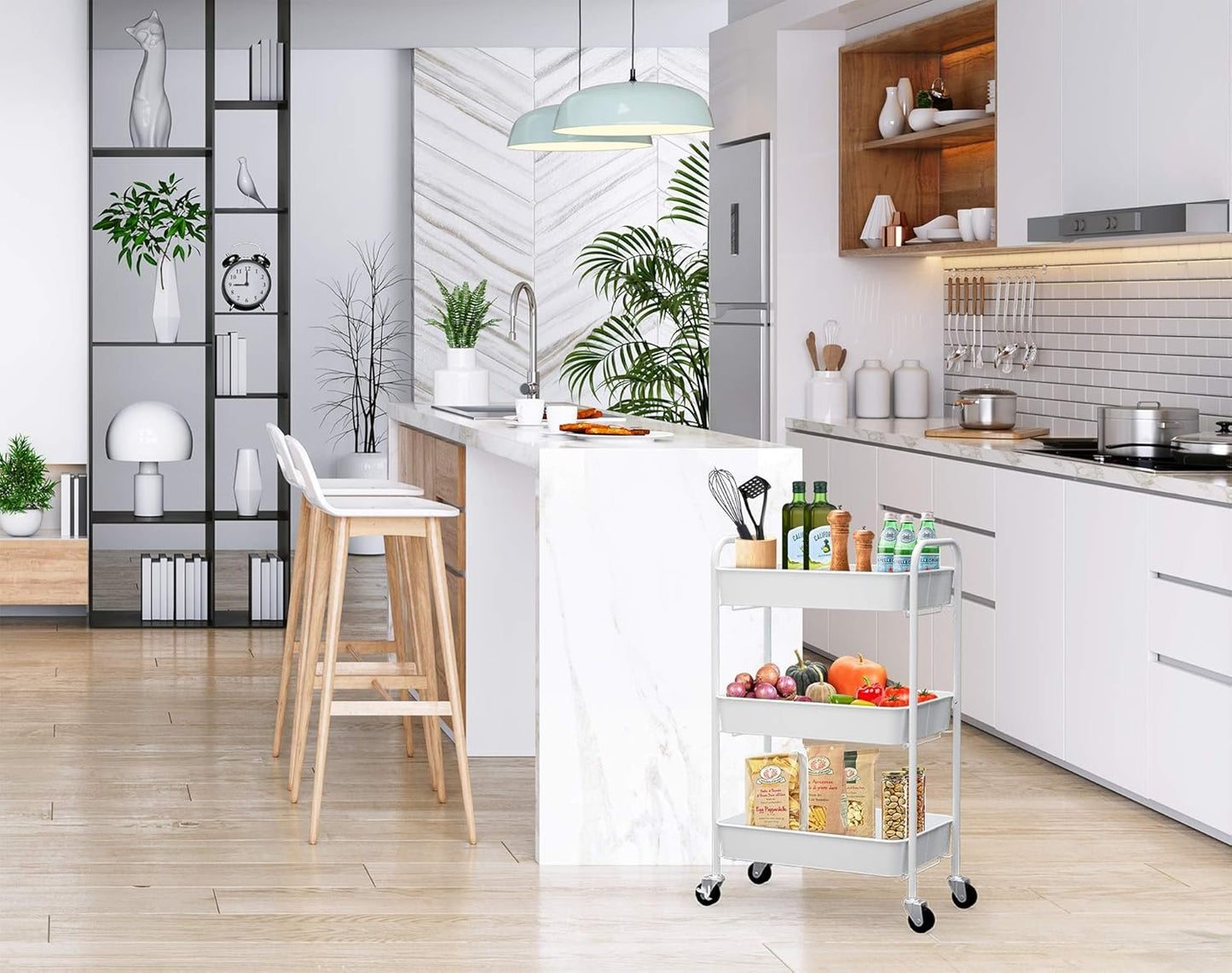 3-Tier Rolling Metal Storage Organizer - Mobile Utility Cart Kitchen Cart with Caster Wheels, White