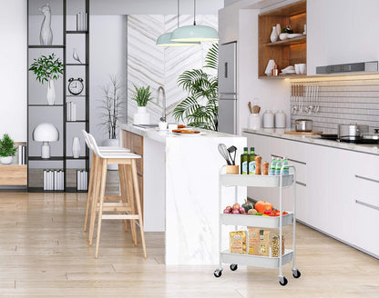 3-Tier Rolling Metal Storage Organizer - Mobile Utility Cart Kitchen Cart with Caster Wheels, White