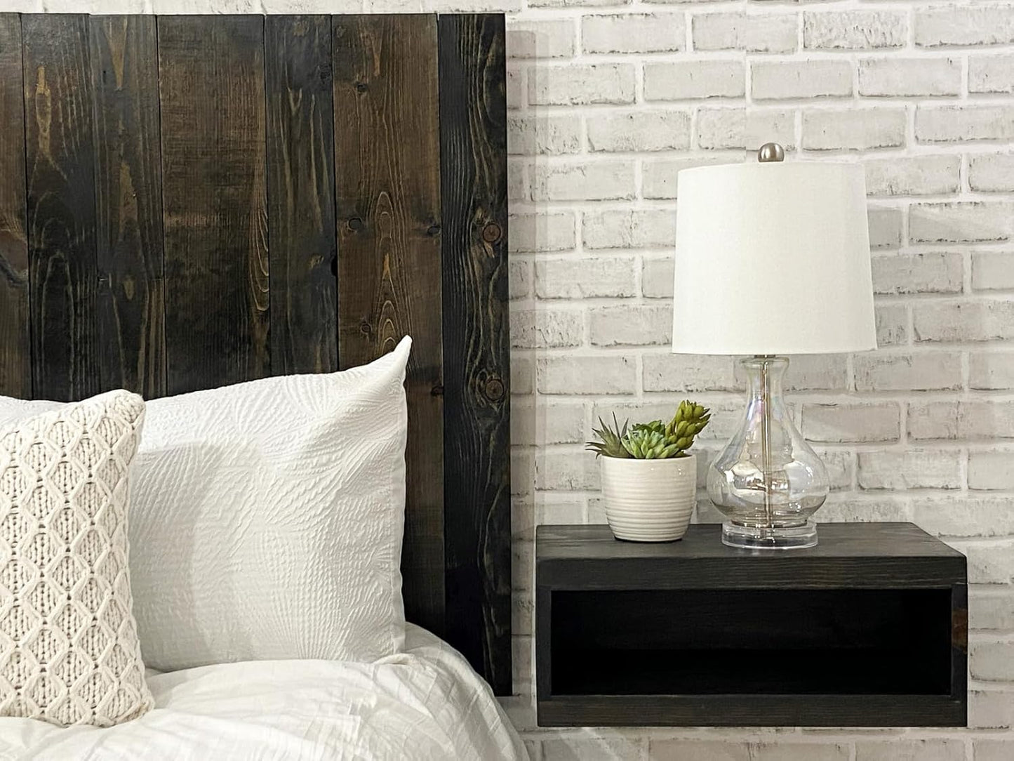 - King Size Headboard, Solid Wood Wall-Mounted Panels, Black Barrel Stain with Natural Wood Grain Variation, Rustic Modern Design, Durable, Fits King & Adjustable Beds, Bed Headboards