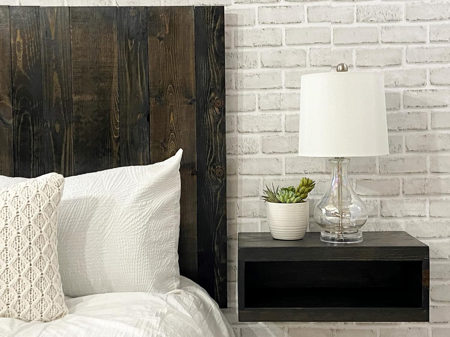 - King Size Headboard, Solid Wood Wall-Mounted Panels, Black Barrel Stain with Natural Wood Grain Variation, Rustic Modern Design, Durable, Fits King & Adjustable Beds, Bed Headboards