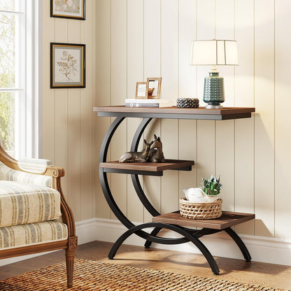 C-Shaped End Table, Industrial 3-Tier Small Side Table for Couch, Wood Bedside Table Snack Side Table with Storage Shelves for Living Room Small Space, Rustic Brown