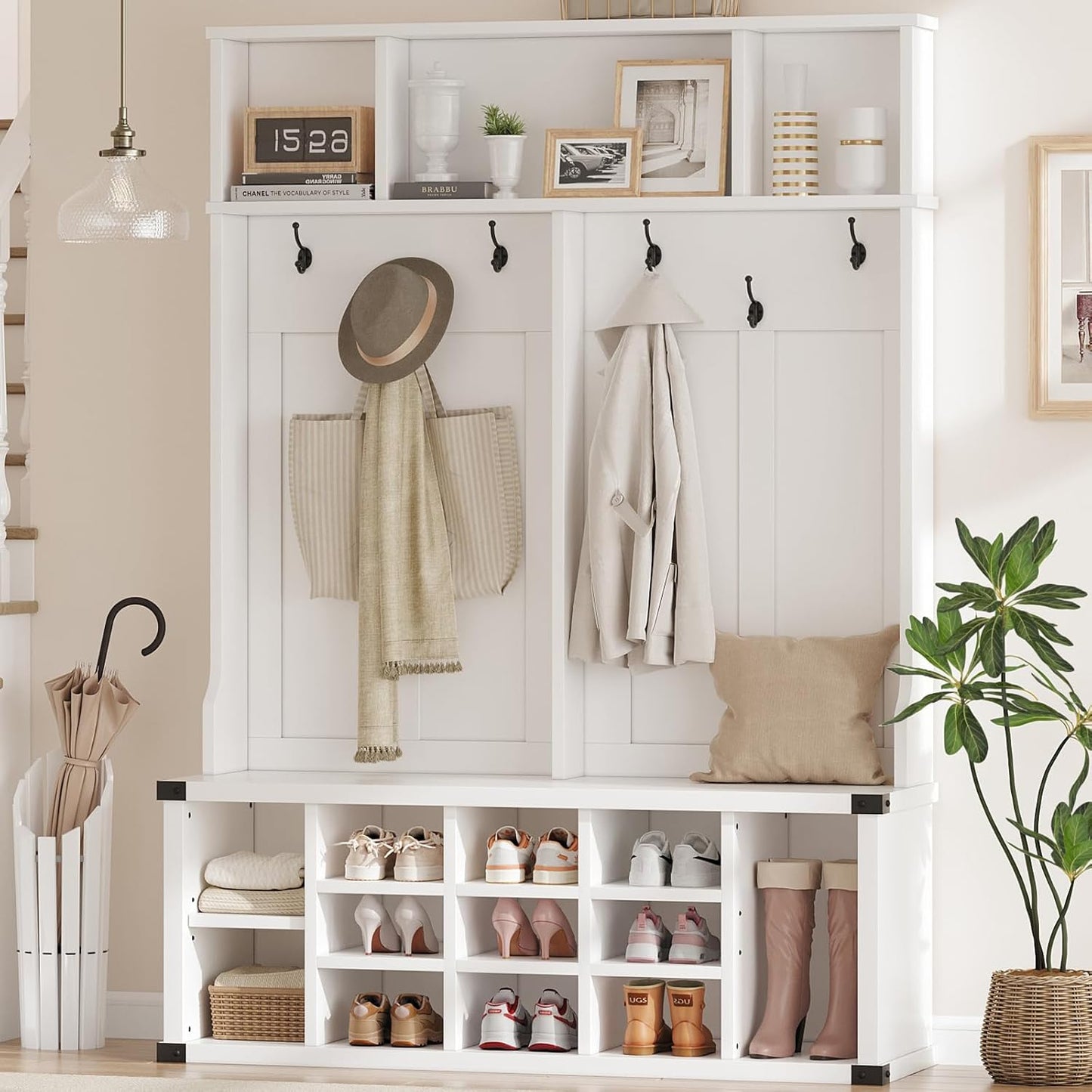 Hall Tree with Bench and Shoe Storage, 4-In-1 Tall Wood Farmhouse Entryway Bench Coat Rack, Adjustable Shelf, Open Mudroom with Metal Corner Protect, 5 Tri-Hooks for Hallway, Bedroom, White