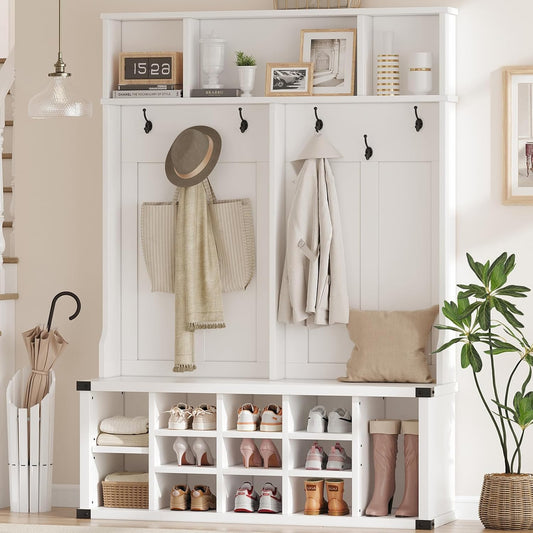 Hall Tree with Bench and Shoe Storage, 4-In-1 Tall Wood Farmhouse Entryway Bench Coat Rack, Adjustable Shelf, Open Mudroom with Metal Corner Protect, 5 Tri-Hooks for Hallway, Bedroom, White