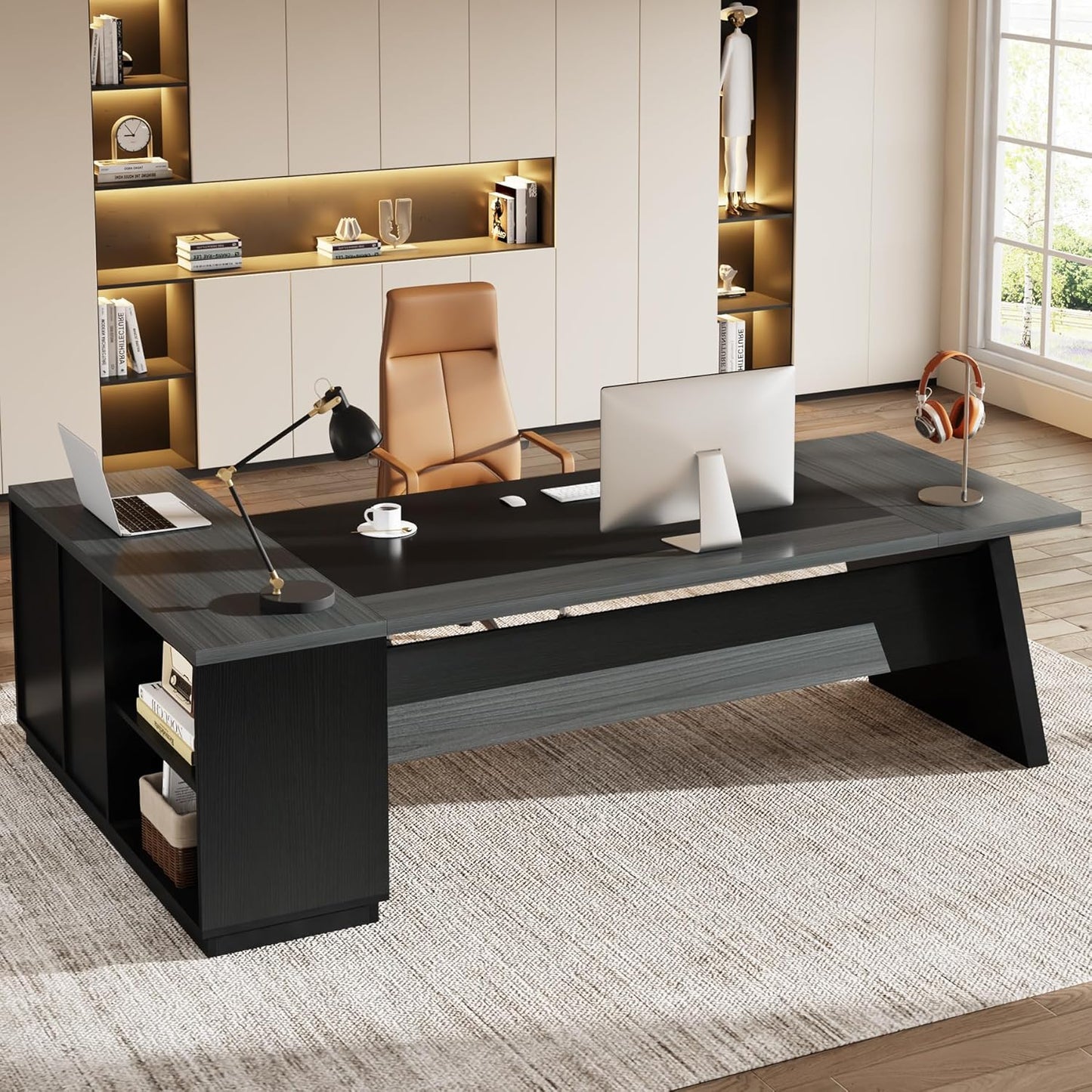 78" L-Shaped Executive Desk, Large Modern Office Desk with Drawers and Lateral File Cabinet, Business Furniture with Storage Shelves, Big Computer Desk for Home Office (Grey + Blcak)