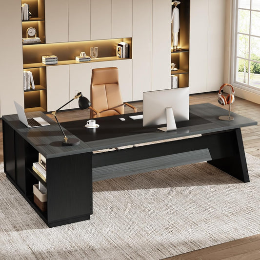 78" L-Shaped Executive Desk, Large Modern Office Desk with Drawers and Lateral File Cabinet, Business Furniture with Storage Shelves, Big Computer Desk for Home Office (Grey + Blcak)