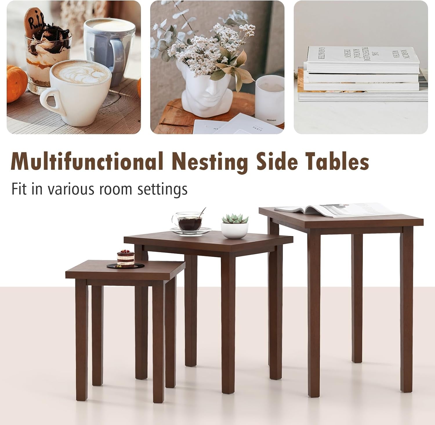 Nesting Tables Set of 3, Farmhouse Stacking Side Table with Rubber Legs, Wooden Rectangle Accent End Table, Nesting Coffee Tables for Living Room Bedroom (Walnut)