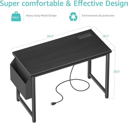 39 Inch Computer Desk with Power Outlet, 40 Inch Teen Study Table Home Office Work Writing Desks with Charging Station Outlets Built In, Black
