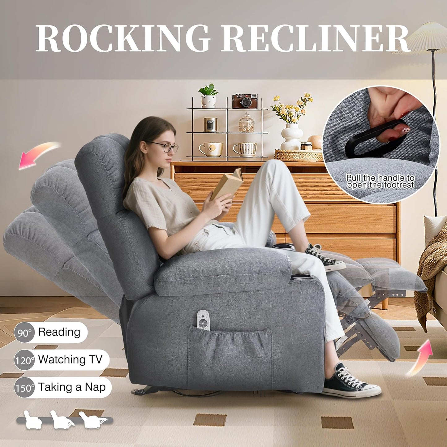 Recliner Chair with Massage Rocker Heat, Ergonomic Oversized Reclining Lounge Chair with Side Pockets, USB Charging Port, Sturdy Metal Frame, Overstuffed Nursery Rocking Chairs for Living Room