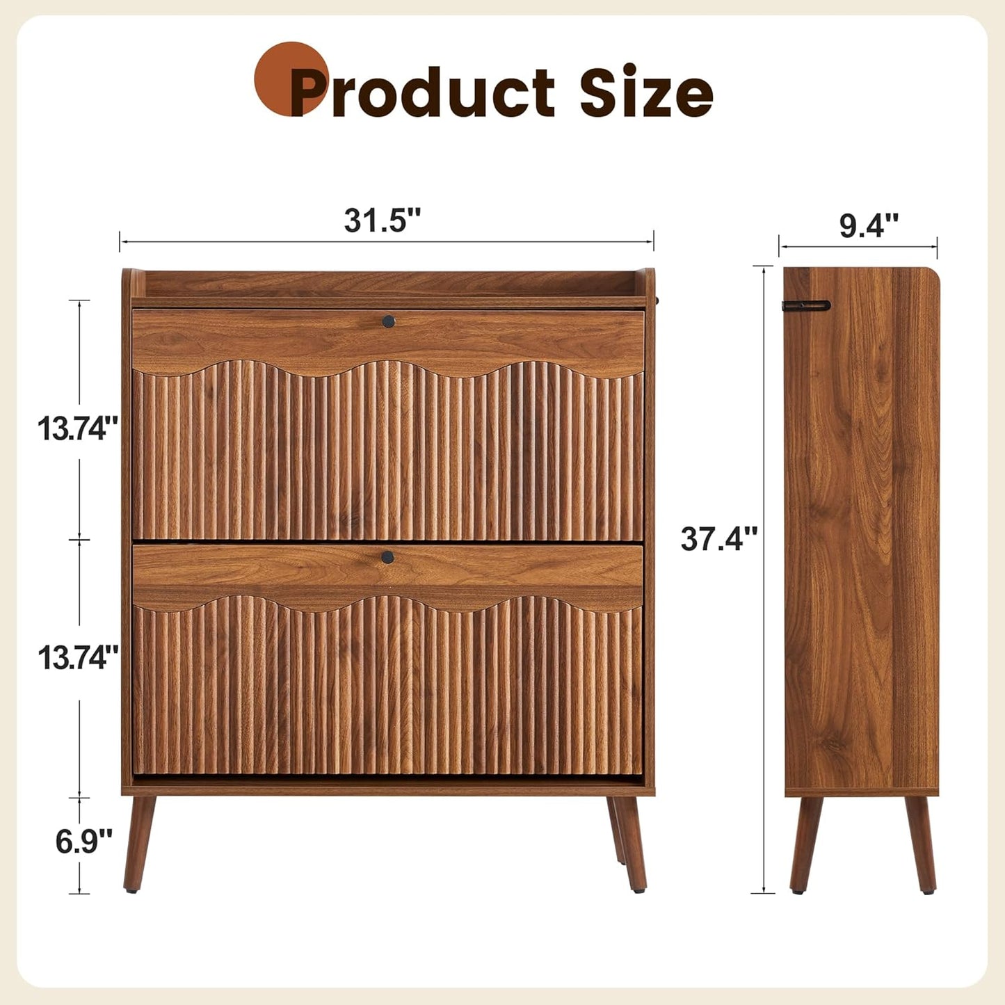 31.5" Fluted Shoe Storage Cabinet with 2 Flip Drawers, Narrow Shoe Storage Organizer Rack with Wave Door for Entryway, Hallway, Living Room