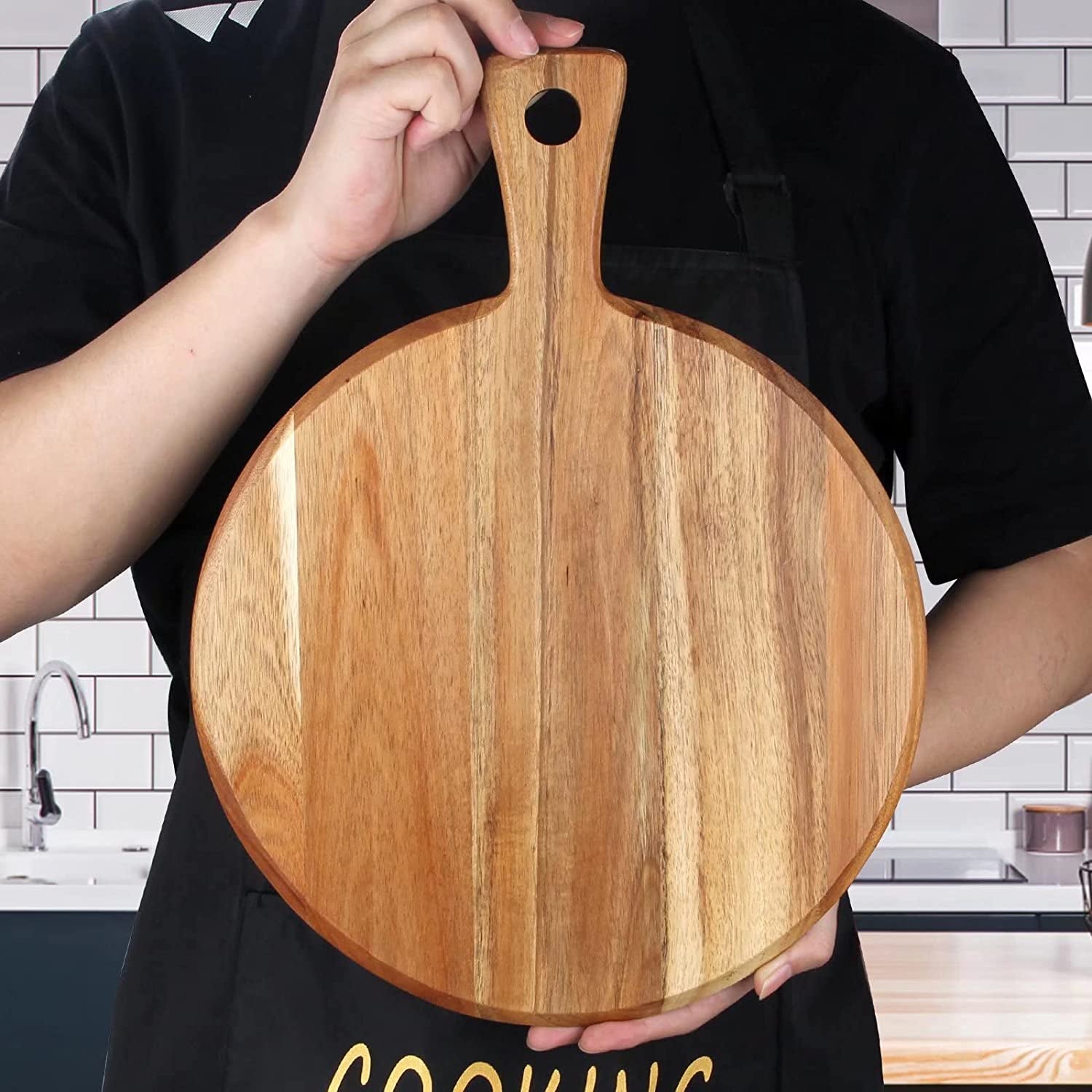 Acacia Wood Cutting Board with Handle Wooden Chopping Board round Cutting Boards for Kitchen Decor Large Charcuterie Board Tray Teak Meat Cheese Board Bread Serving Platter Butcher Block Pizza Board