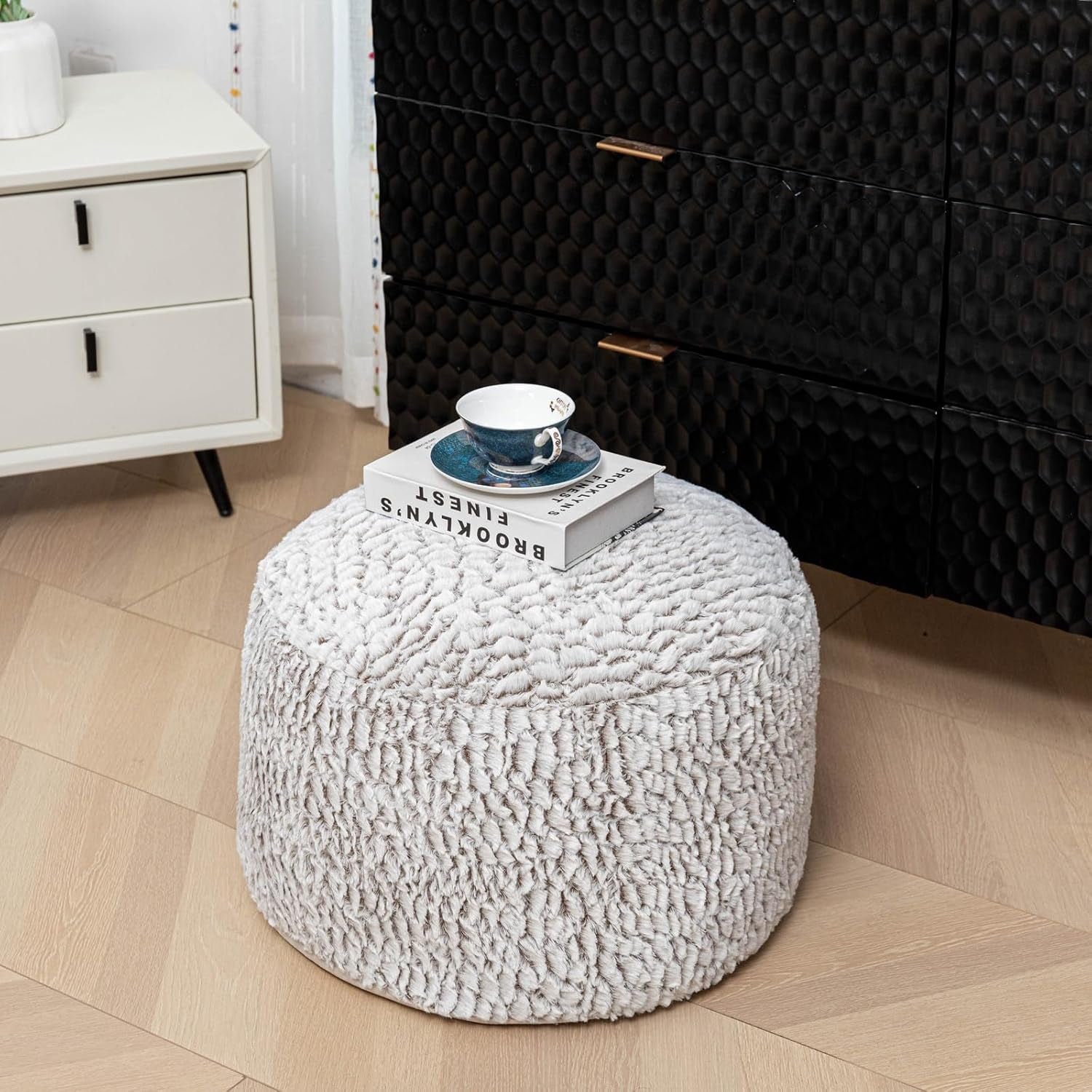 Pouf Ottoman Unstuffed Ottoman Foot Rest No Filler Soft Fur Foot Stool 20X20X12 Inches Fuzzy Chair Floor Pouf Chair with Storage for Living Room Bedroom Snow Coffee