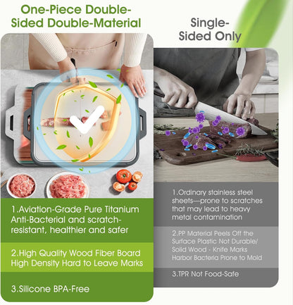 Titanium Cutting Board for Kitchen, Double Sided Pure Titanium and Wood Fiber Cutting Board with Juice Groove, Food Grade Material, for Chopping Meat/Vegetables/Fruit Dishwasher Safe 16"×11"