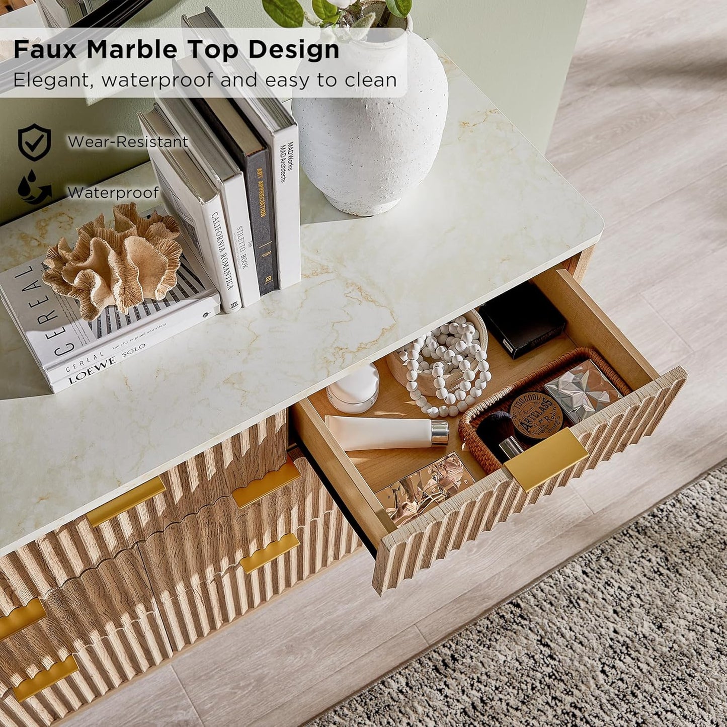 Fluted 7 Drawers Dresser, 54" Wide Modern Chest of Drawers with Faux Marble Top, Curved Profile Design, Dresser TV Stand, Wood Drawer Organizer for Bedroom, Living Room, Hallway, Natural Oak