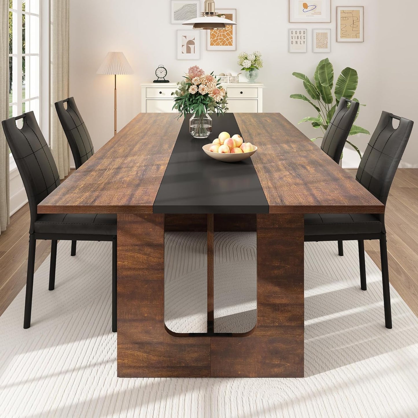 71 Inch Rectangular Dining Table for 6-8 People, Farmhouse Wood Kitchen Table with Wooden Legs, Farmhouse Center Kitchen Table for Dining Room, Kitchen & Living Room, Brown