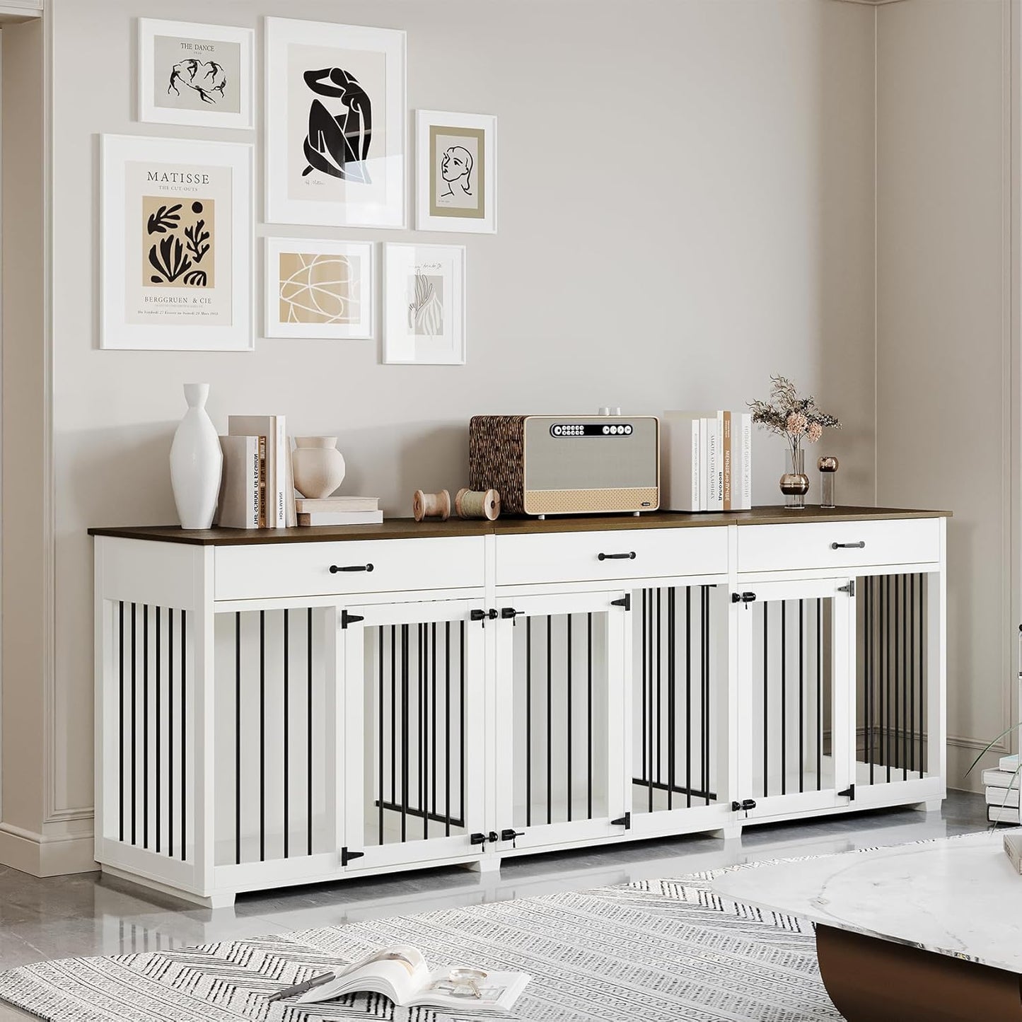 Dog Crate Furniture - Indoor Wooden Dog Kennel Crate Furniture with 2 Dividers, 3 Drawers, and 3 Lockable Doors, 95"X23.6"X31.5"H, White