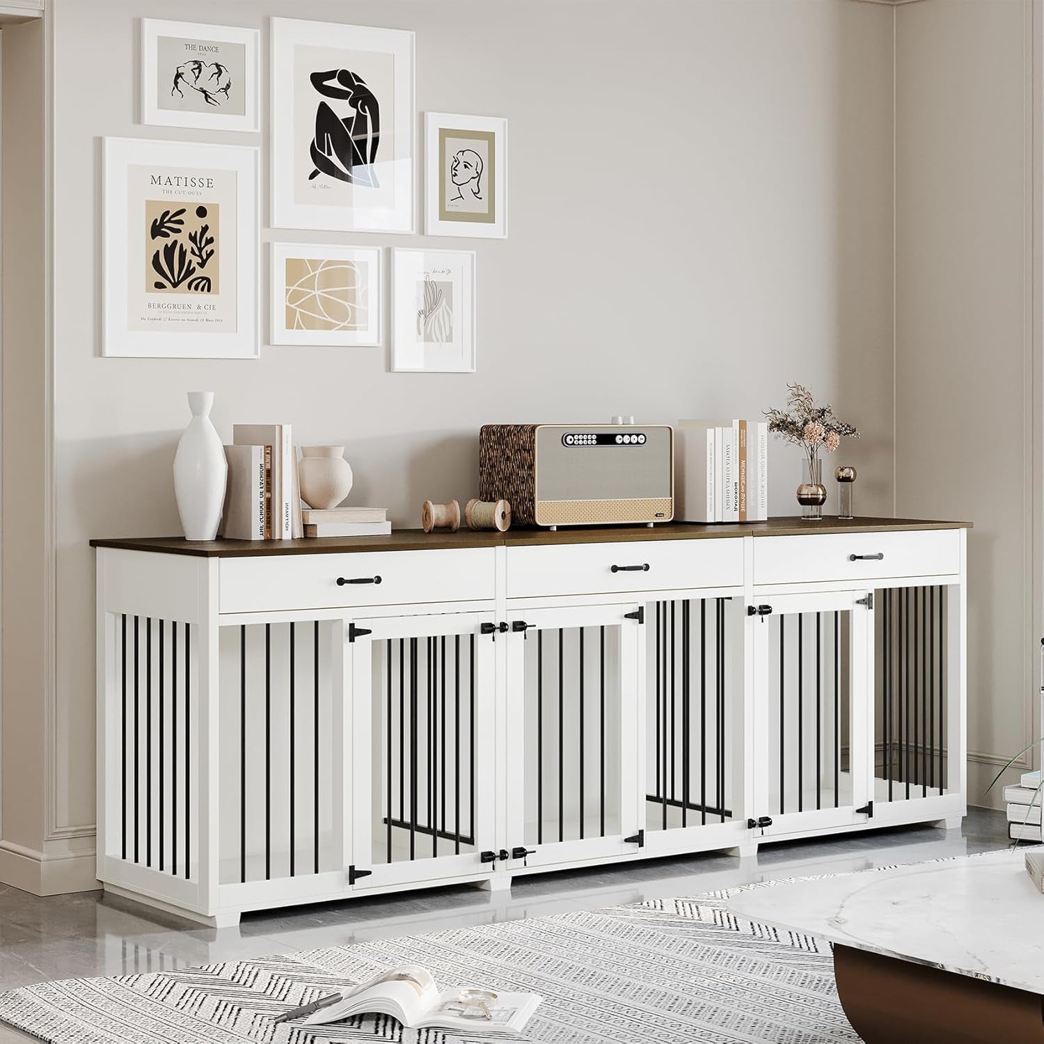 Dog Crate Furniture - Indoor Wooden Dog Kennel Crate Furniture with 2 Dividers, 3 Drawers, and 3 Lockable Doors, 95"X23.6"X31.5"H, White