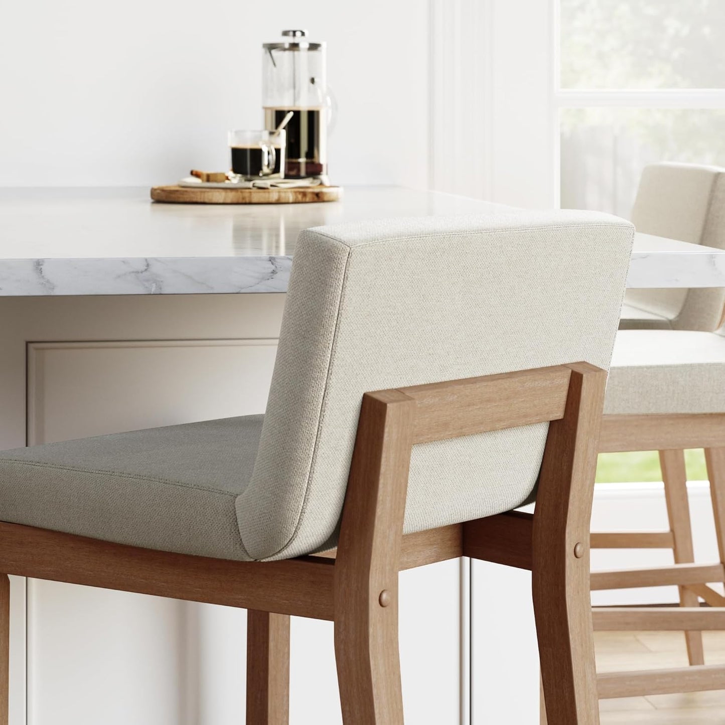 Gracie Modern Counter Height Bar Stool with Back, Counter Stool Upholstered Chair with Natural Flax White Fabric and Brushed Light Brown Wooden Legs, Natural Flax/Brown