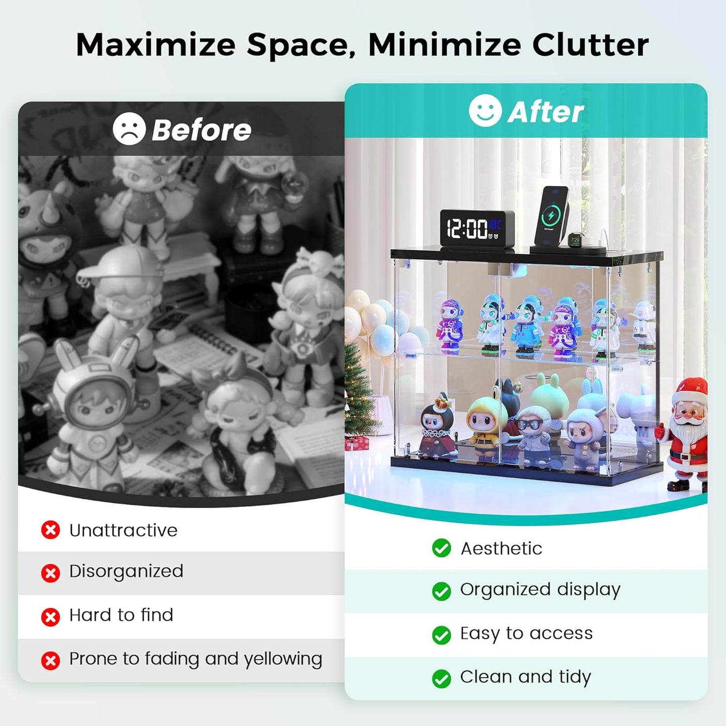 Lighted Clear Glass Display Case - for Figures & Collectibles, Small 2-Tier Display Cabinet with Charging Station, LED Display Box with Lights & Human Sensor, for Model Car, Perfume, Black