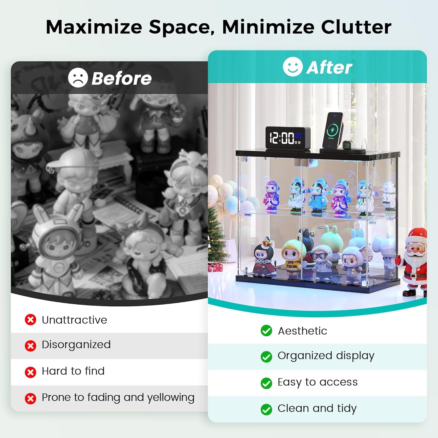 Lighted Clear Glass Display Case - for Figures & Collectibles, Small 2-Tier Display Cabinet with Charging Station, LED Display Box with Lights & Human Sensor, for Model Car, Perfume, Black