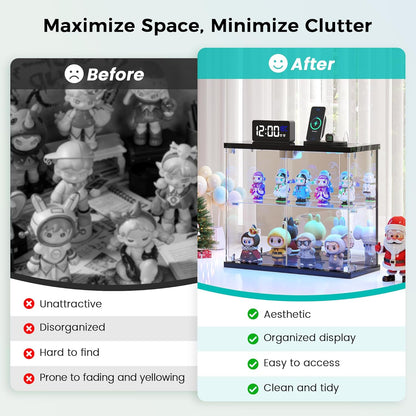 Lighted Clear Glass Display Case - for Figures & Collectibles, Small 2-Tier Display Cabinet with Charging Station, LED Display Box with Lights & Human Sensor, for Model Car, Perfume, Black