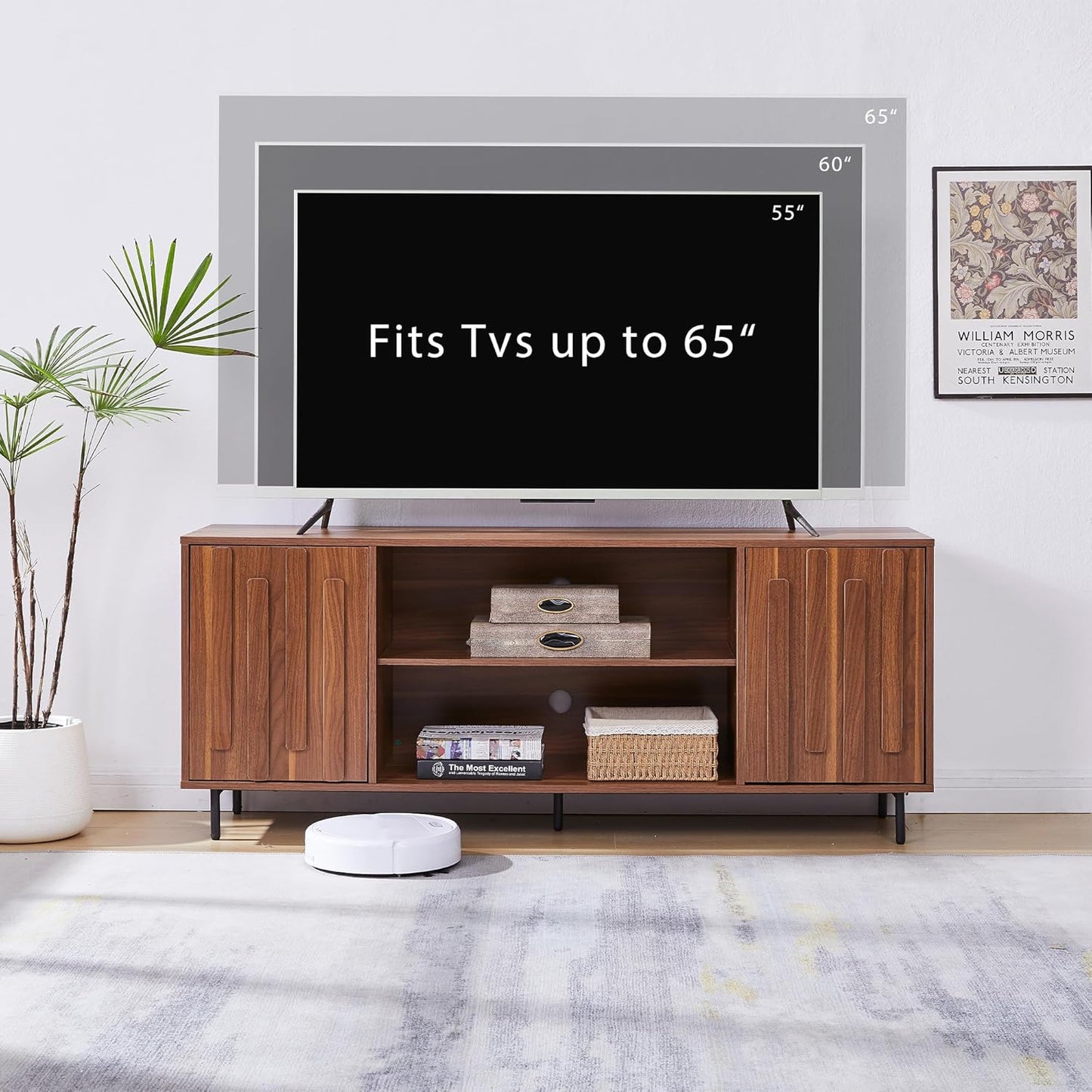 TV Stand for 65" 60" Tvs, Mid-Century Modern TV Stands for Living Room, Fluted Entertainment Center with Storage Cabinet & Open Shelf, Wood TV Console Media Cabinet, Walnut