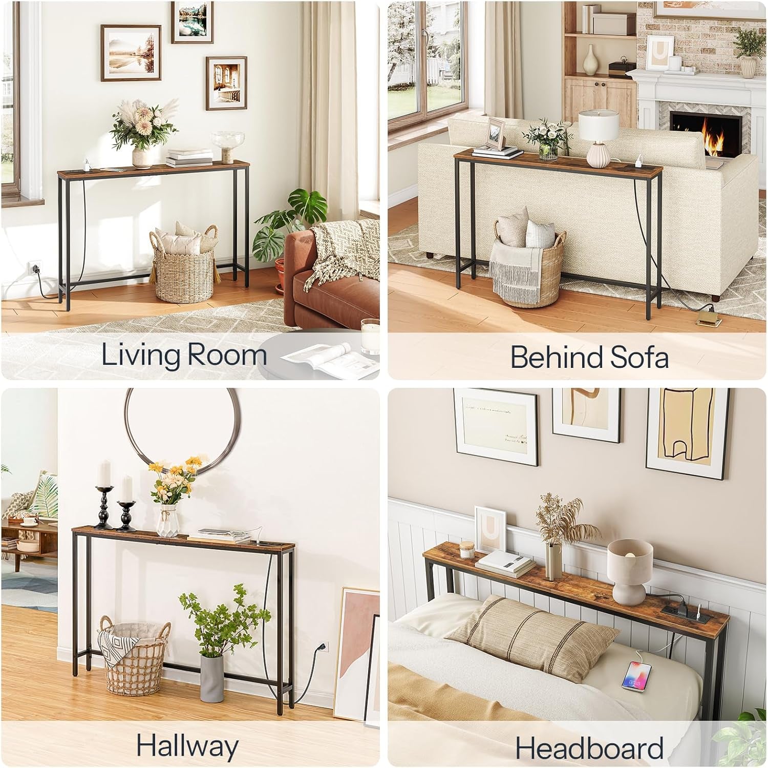 47.2" Narrow Console Table with Power Outlet, 5.9" behind Couch Table with Charging Station, Long Sofa Side Table, Skinny Entryway Table for Living Room, Hallway, Foyer, Rustic Brown BF15XG01G1