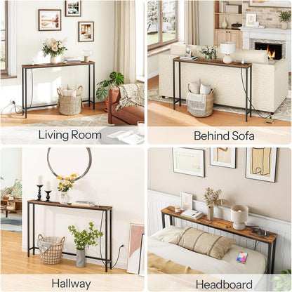 47.2" Narrow Console Table with Power Outlet, 5.9" behind Couch Table with Charging Station, Long Sofa Side Table, Skinny Entryway Table for Living Room, Hallway, Foyer, Rustic Brown BF15XG01G1