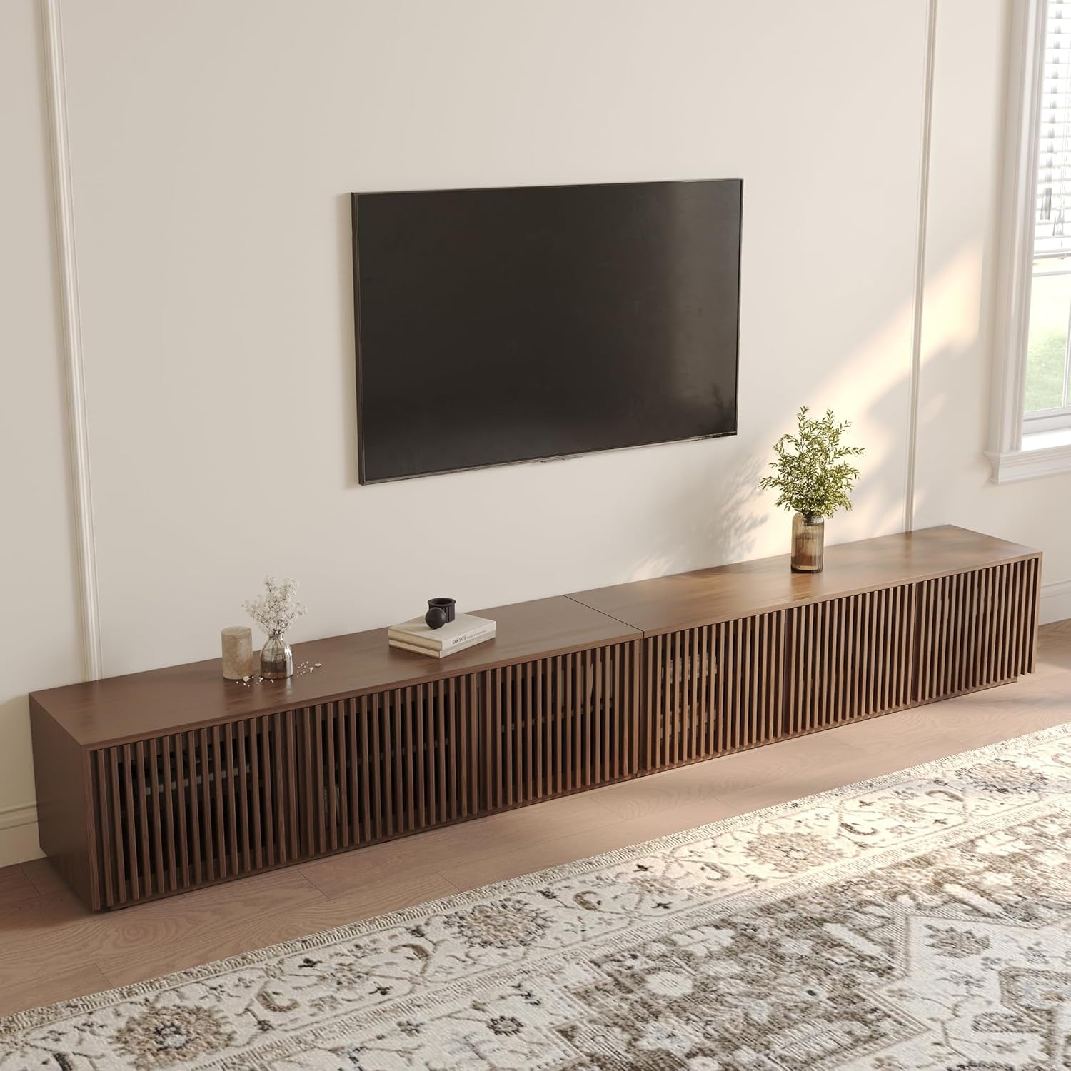 Full Assembled Mid Century Modern TV Stand, 118” Extra-Large Entertainment Center for 100 Inch TV, Wood Slatted TV Media Console with Storage for Living Room Bedroom