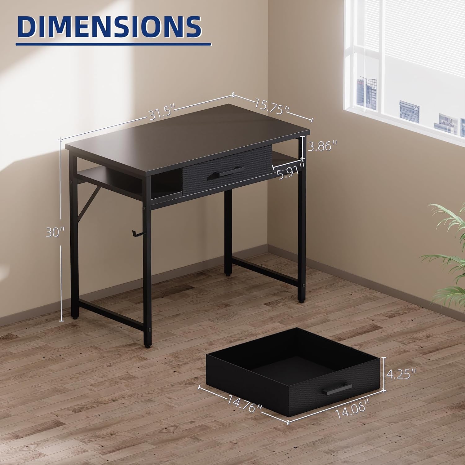 32 Inch Small Computer Desk with Drawer and Shelves Simple Study Work Table for Bedroom Marble