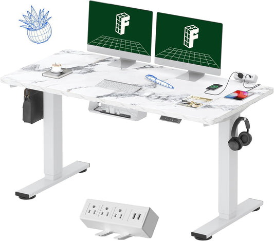 EN2 Whole-Piece Standing Desk with Clamp Power Strip, 55 X 28 Electric Stand up Height Adjustable Desk with Cable Management (White Frame + 55" Marble Grey Top, 2 Packages)