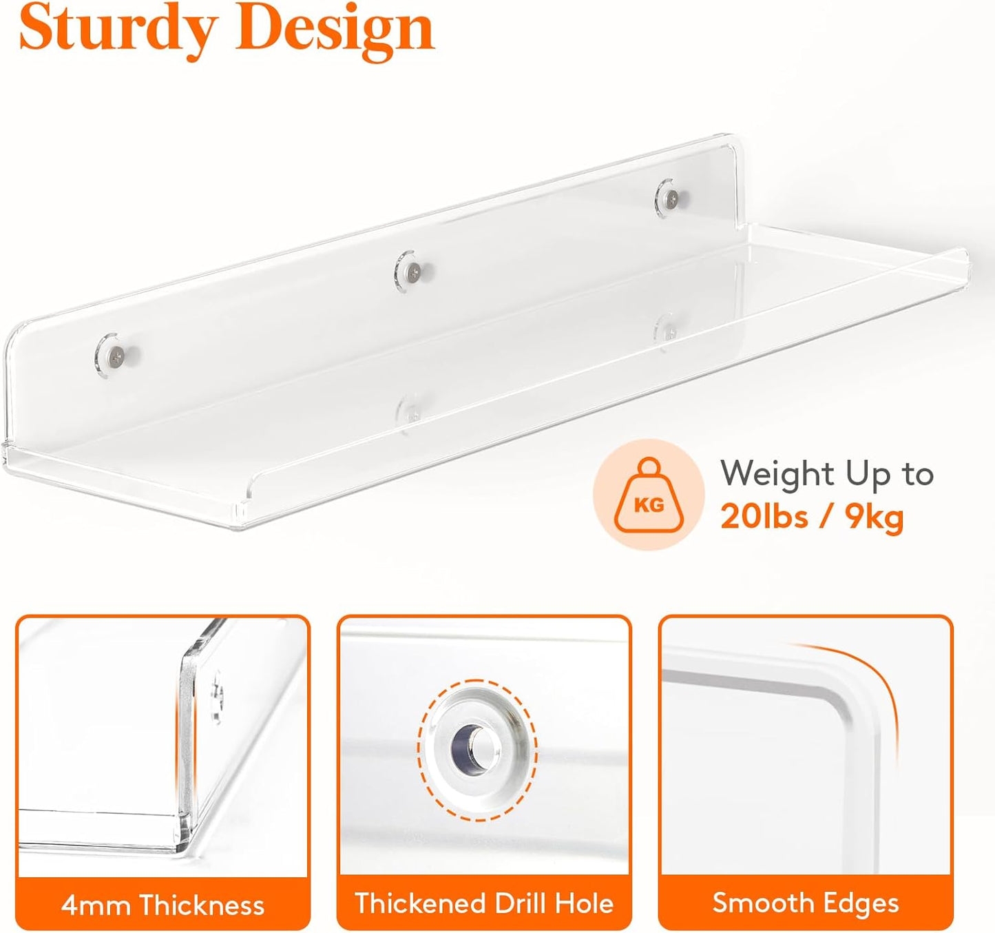 Floating Shelves for Bathroom, Acrylic Wall Organizer for Perfume, Makeup, Figures, Nail Polish, Photo, Book, 14" Decor Display Rack for Nursery, Living Room, Bedroom, Kitchen, Clear, 4 Pack