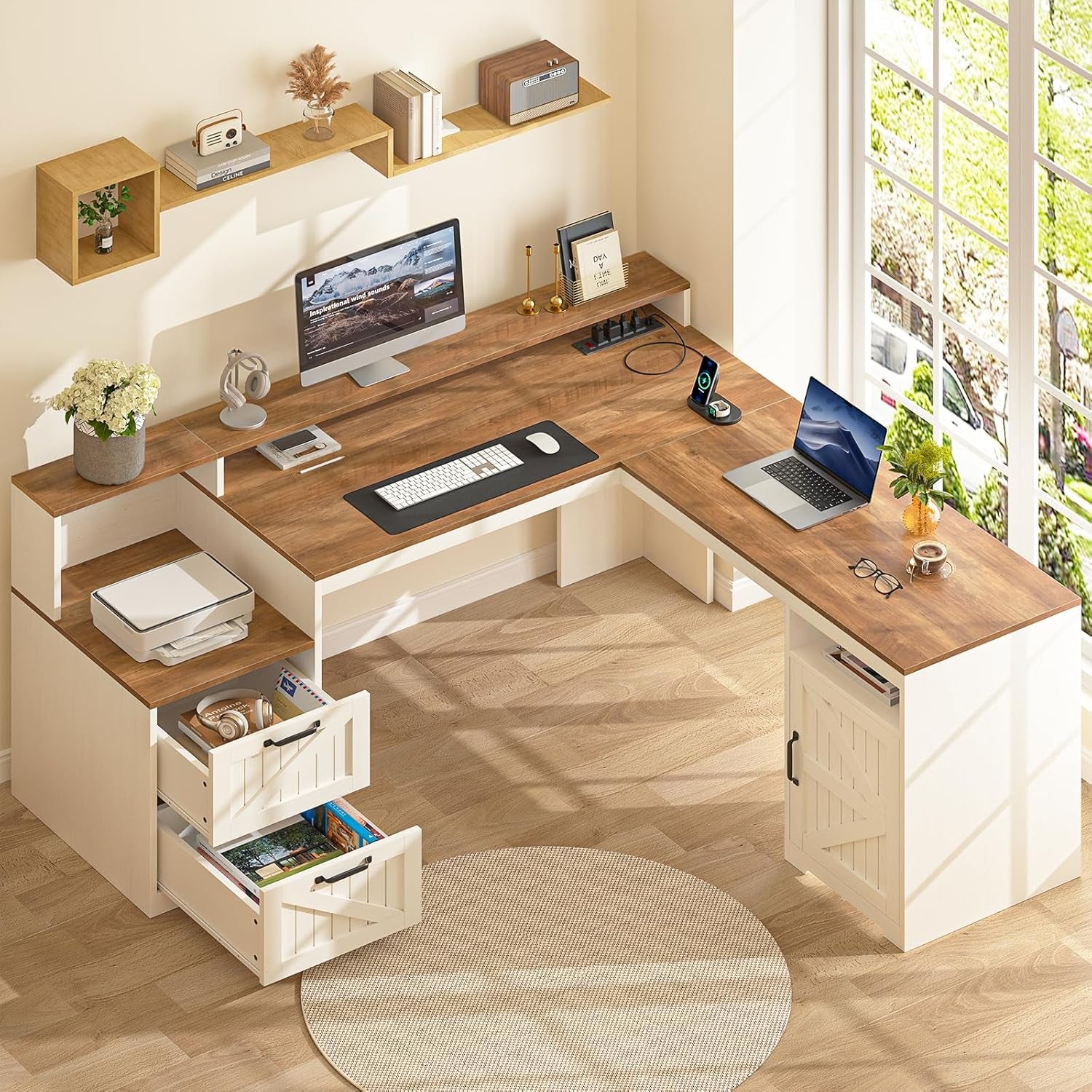 63" Farmhouse L Shaped Executive Desk with Drawers & Storage Shelf, Corner Computer Desk with Power Outlets, L Shaped Office Desk with Monitor Stand, Printer Shelf, Antique White