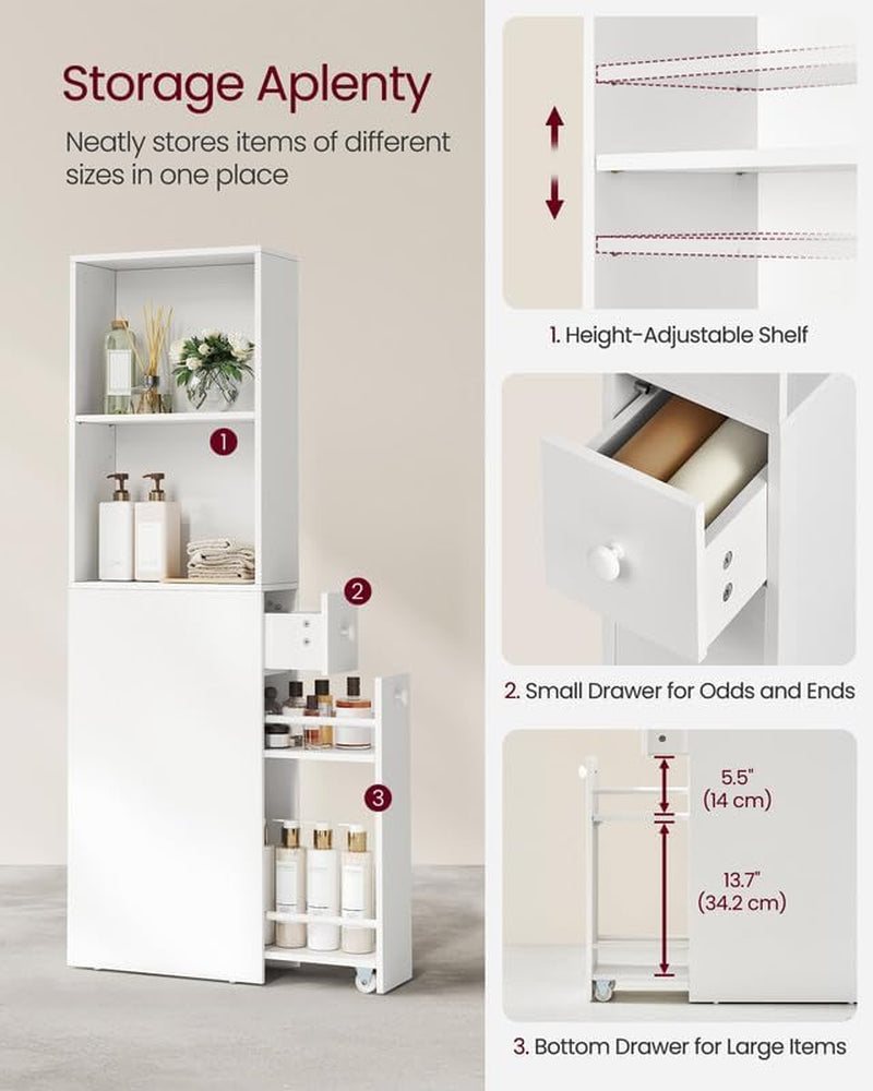 Slim Bathroom Storage Cabinet, Narrow Freestanding Bathroom Cabinet with Storage Drawers and Adjustable Shelf, for Small Spaces, Modern Style, White UBBK567T14
