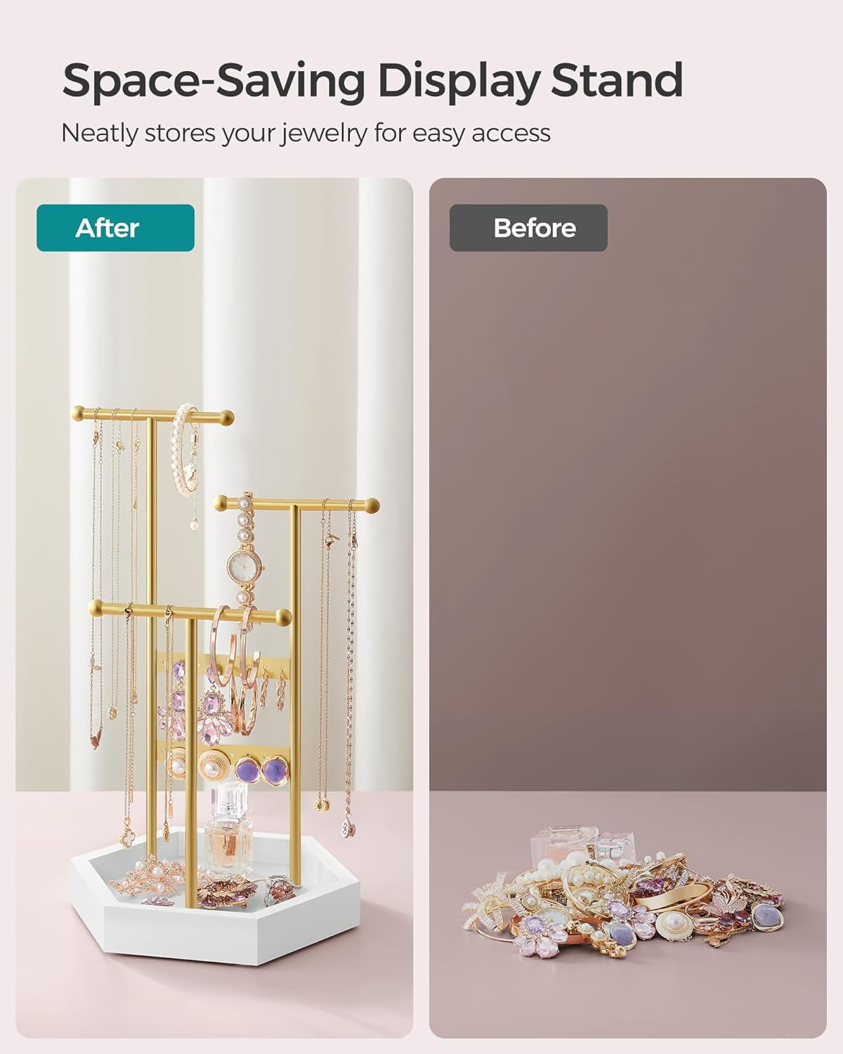 Jewelry Holder, Jewelry Organizer, 3 Tiers and 1 Tray, Jewelry Display Stand with Metal Frame, Necklace Earring Bracelet Holder, for Rings, Pale Gold and White UJJS003A01