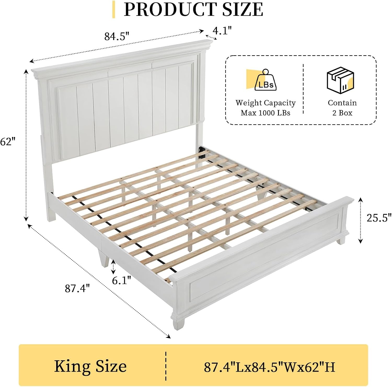King Size Solid Wood Bed Frame with Headboard and Footboard, Noiseless Farmhouse Platform Bed, No Box Spring Needed, Rustic Bed Base with 12 Wood Slats Support, Distressed