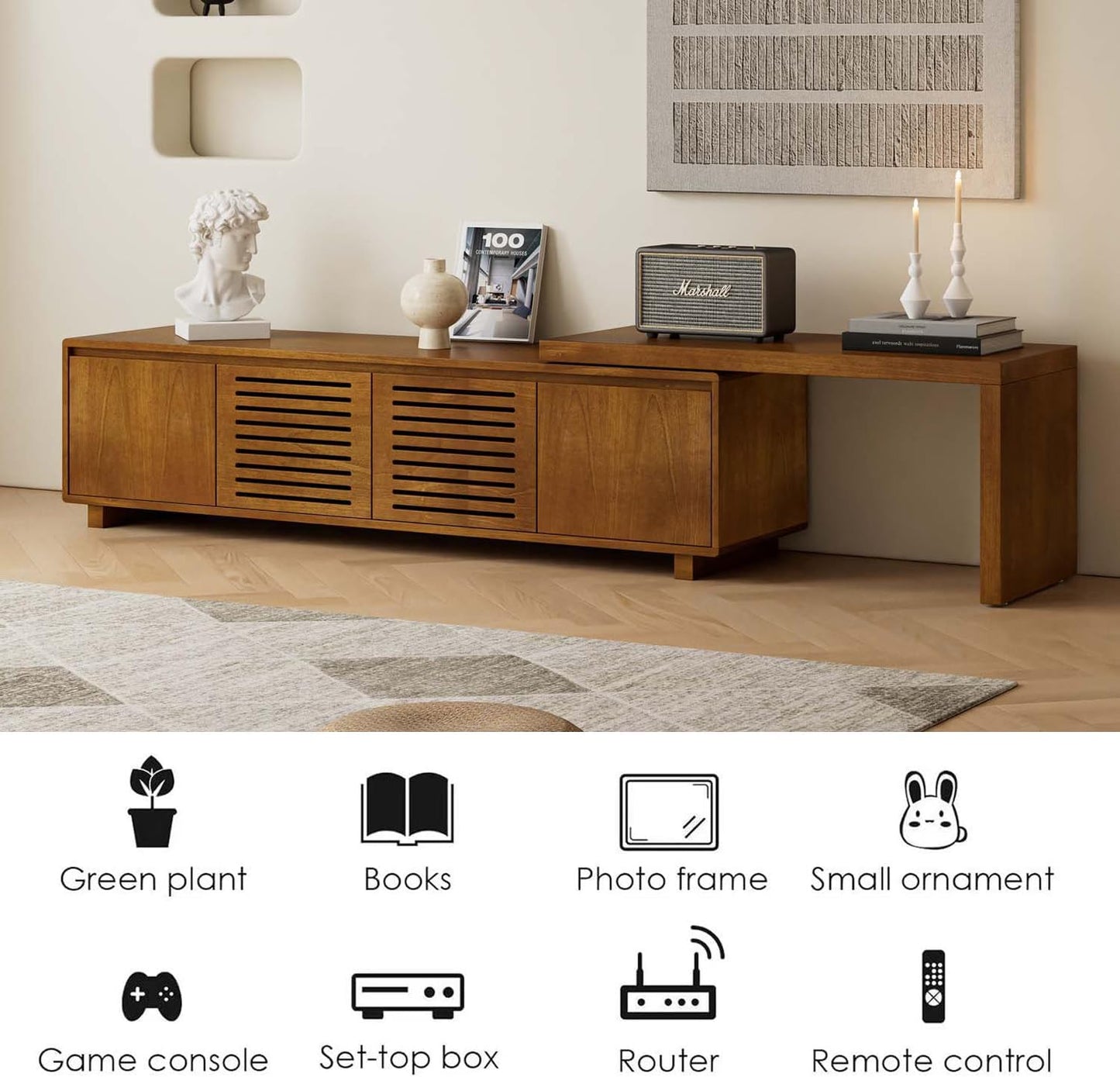 Mid Century Modern TV Stand for 75 Inch TV, Extendable TV Stand with Storage, Media Console TV Cabinet, Farmhouse Entertainment Cabinet for Living Room Bedroom Brown Ebony (63"-98" Extendable)