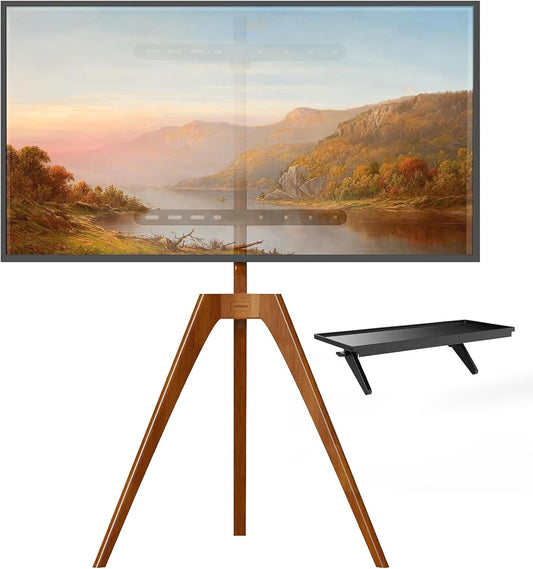 Premium Wood Easel TV Stand, Adjustable TV Tripod Stand for 45-65 Inch LED LCD Screen, with Top TV Shelf and Magnetic Concealed Cable Management, Max Load 88Lbs, Walnut