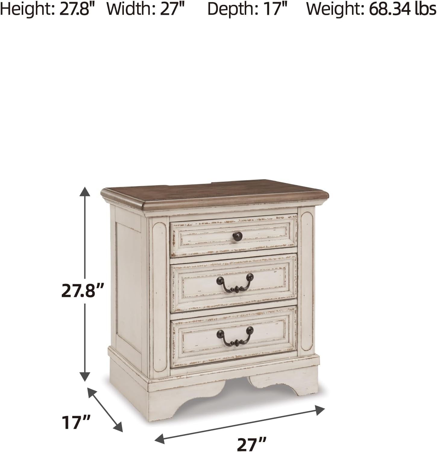 Realyn French Country 3 Drawer Nightstand with Electrical Outlets & USB Ports, 27.75" Tall, Chipped White