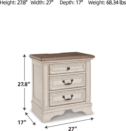 Realyn French Country 3 Drawer Nightstand with Electrical Outlets & USB Ports, 27.75" Tall, Chipped White