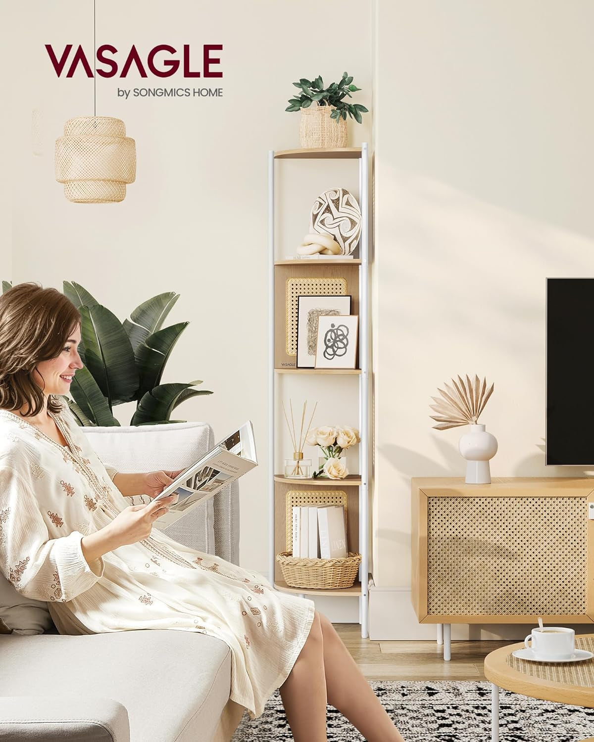 5-Tier Corner Shelf Stand, Boho Corner Bookshelf with Polyrattan Sides, Plant Stand for Living Room Bedroom Study Kitchen, Oak Beige ULLS588Y57