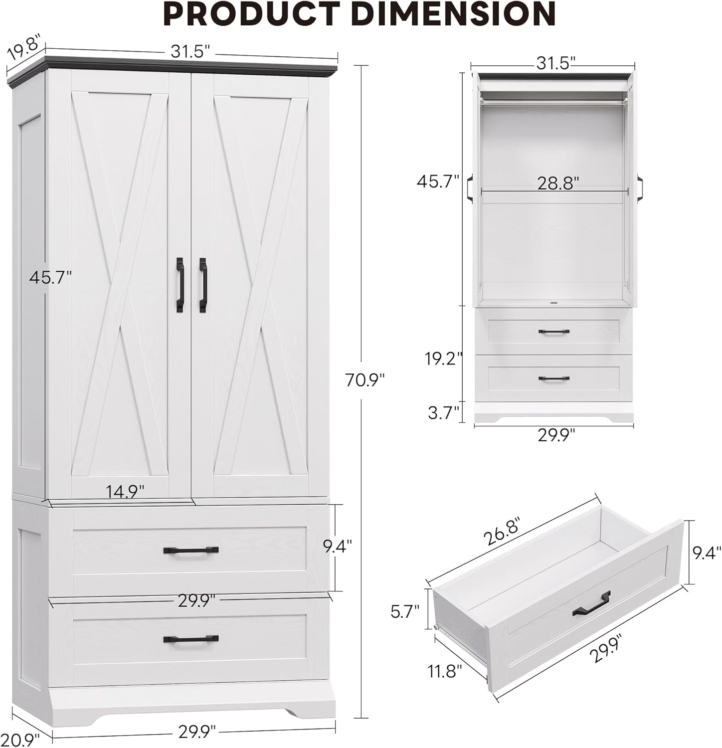 Armoire Wardrobe Closet 70.9" H, Bedroom Wooden Wardrobe with 2 Doors, 2 Drawers and Sensor Light, Clothing Storage Cabinet Organizer Combination with Hanging Rod, Hooks, White