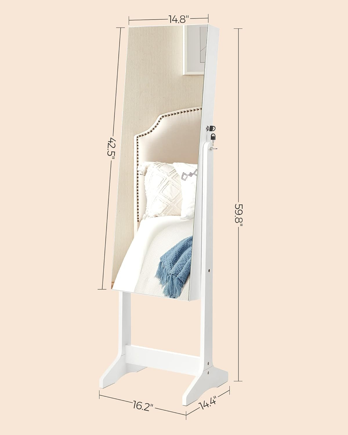 Jewelry Cabinet Armoire, Freestanding Lockable Storage Organizer Unit with 2 Plastic Cosmetic Storage, Full-Length Frameless Mirror, for Necklace Earring, White UJJC002W01